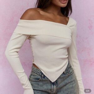 Off-Shoulder Cream Ribbed Blouse